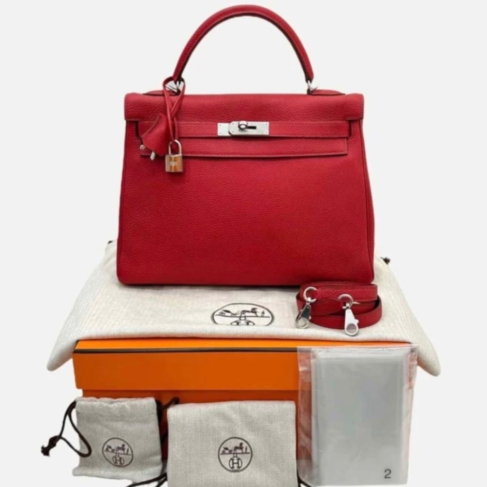 Hermes 32 red clemence leather top handle